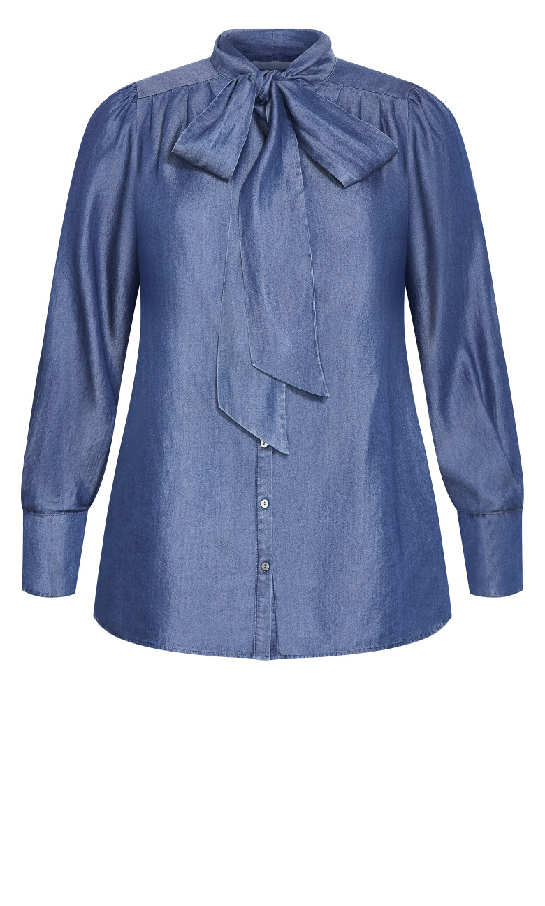 Chambray Bow Denim Shirt - dark wash