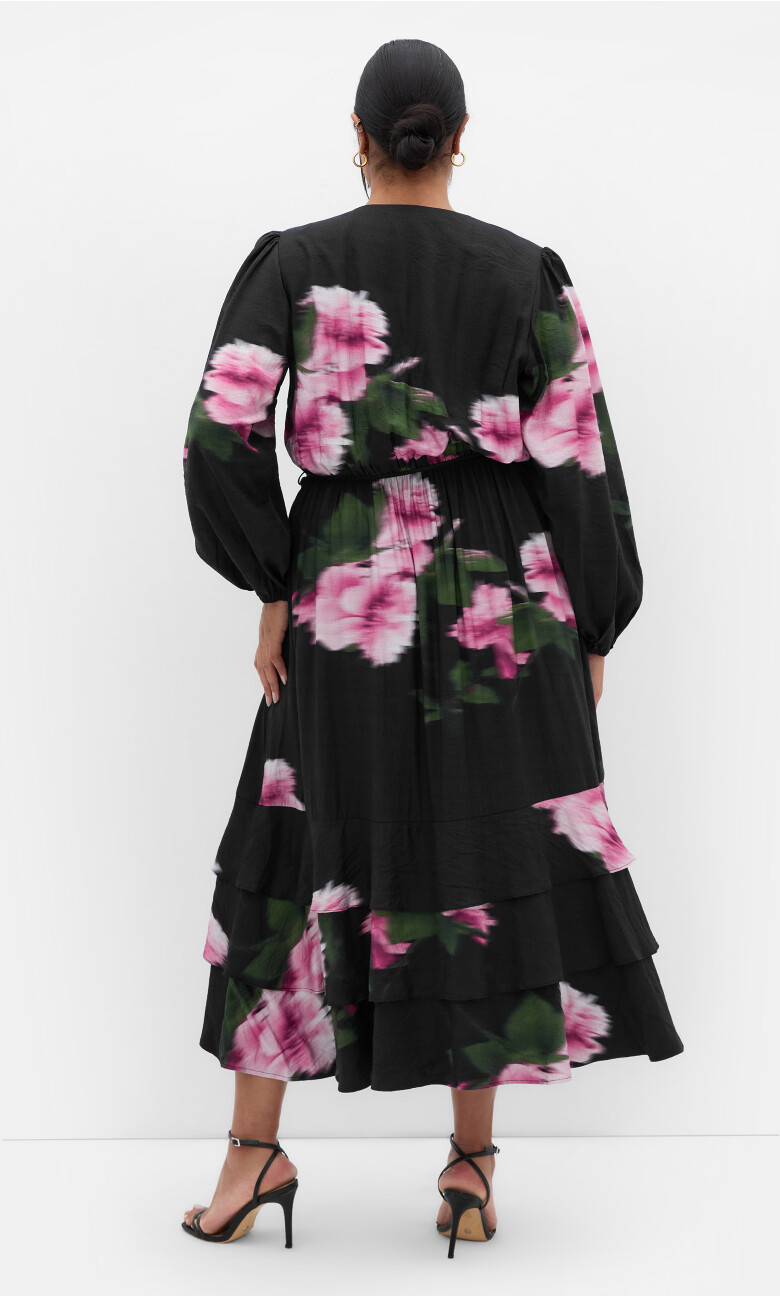 Bea Long Sleeve Print Wrap Dress - black