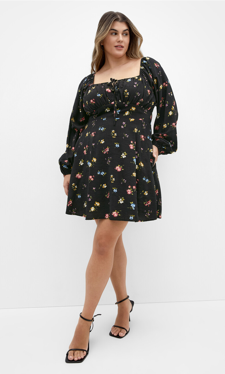 Plus Size DRESS ABBIE SH LS PRT - Blk Floral