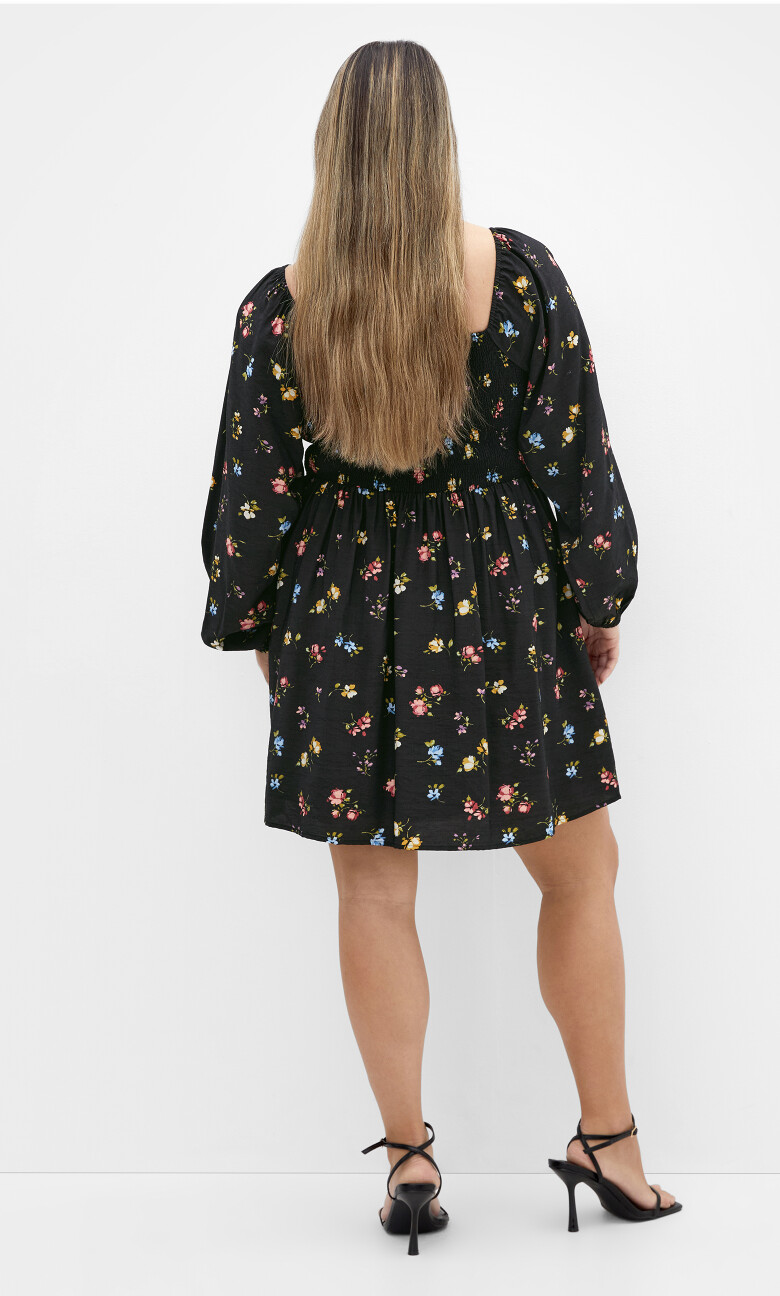 Abbie Long Sleeve Print Mini Dress - black