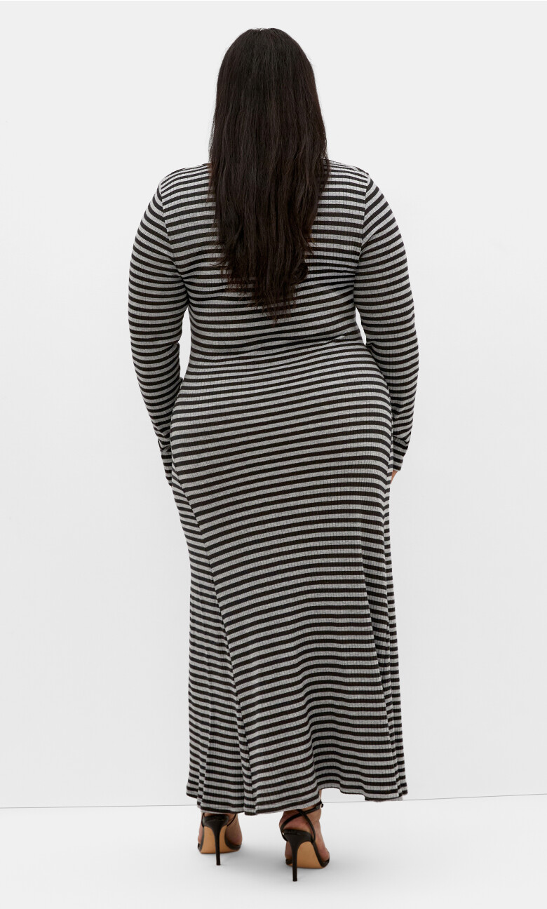Remi Long Sleeve Rib Maxi Dress - grey stripe