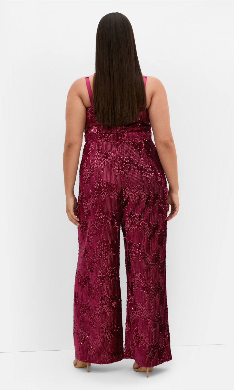 Glimmer Sequin Strapless Jumpsuit - ruby