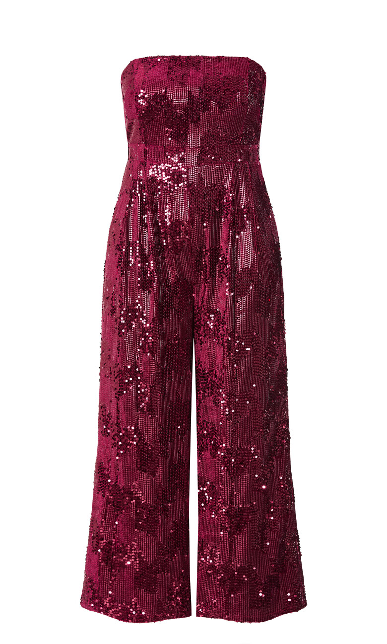 Glimmer Sequin Strapless Jumpsuit - ruby