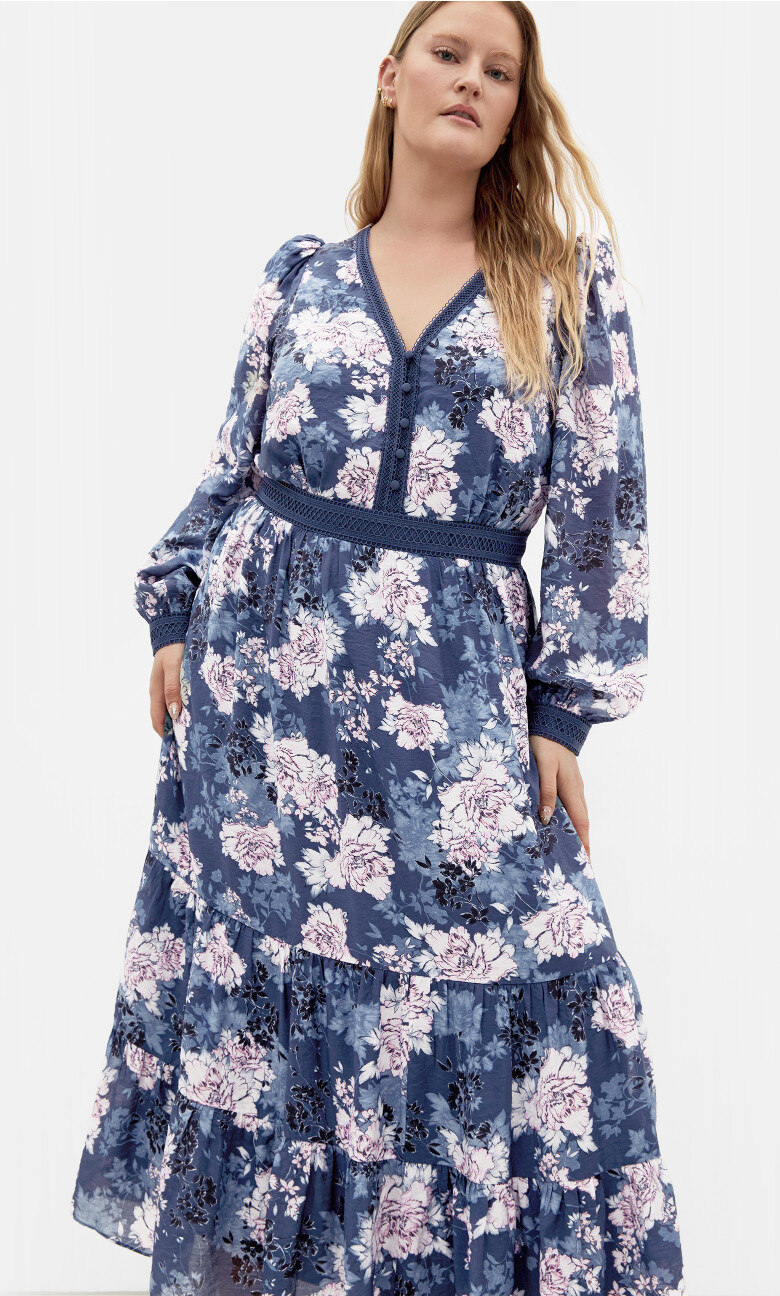 Silver Blossom Maxi Dress - steel blue