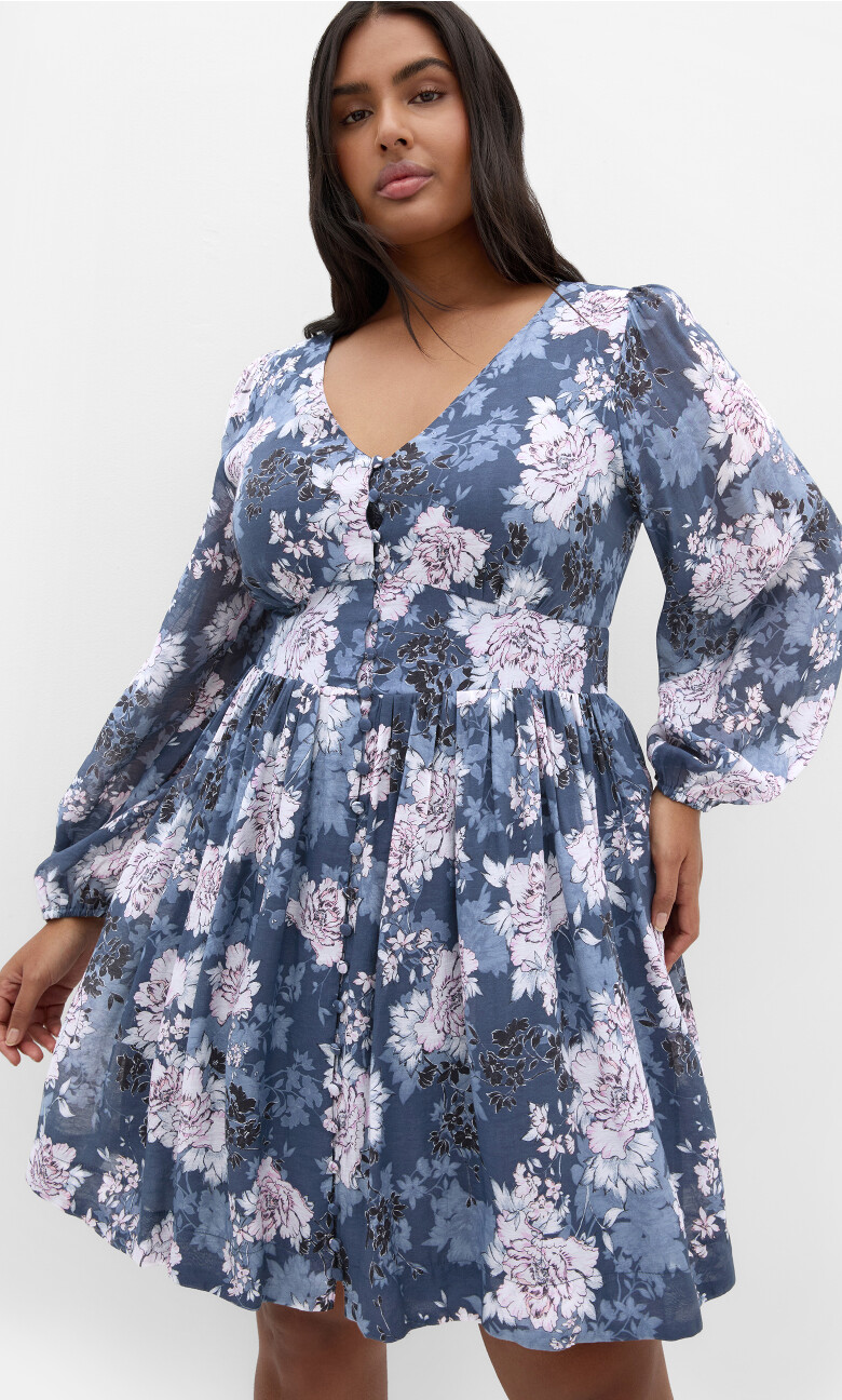 Silver Blossom Mini Dress - steel blue