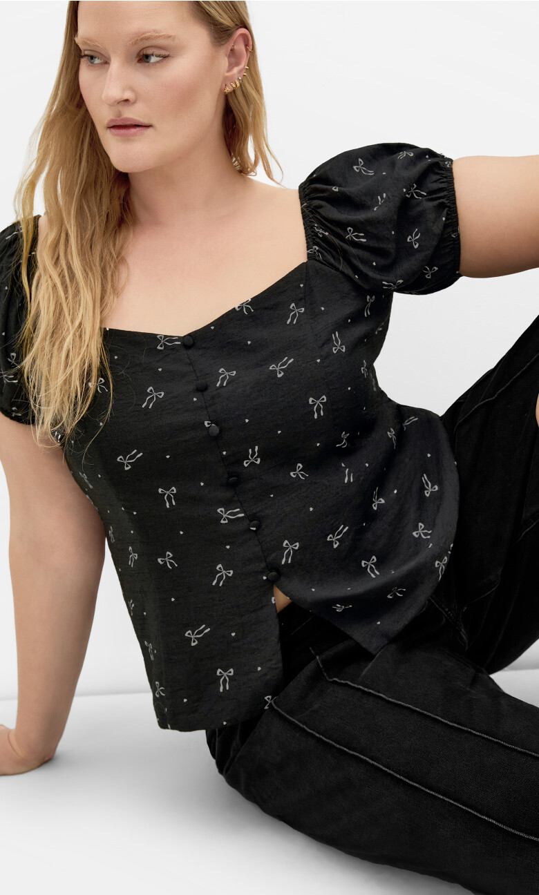 Plus Size Daydreamer Bow Print Top - black