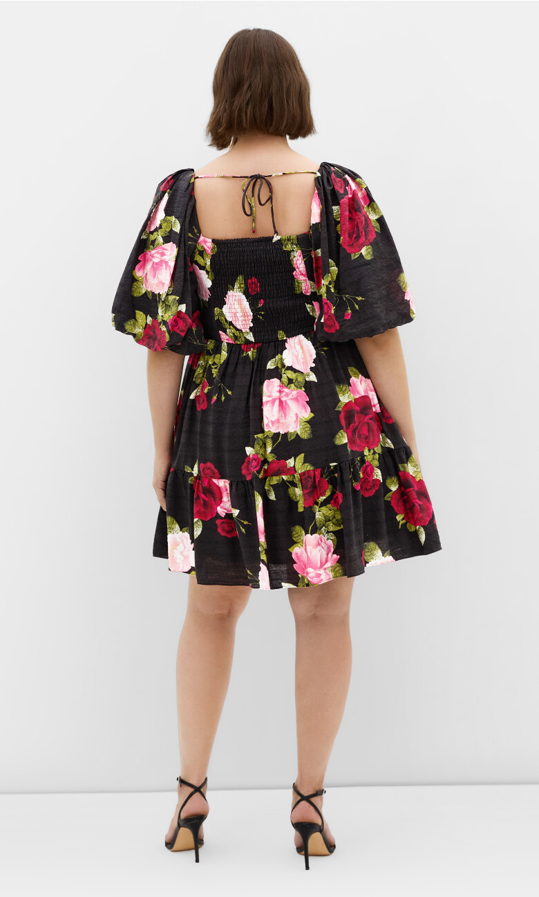 Mindy Print Babydoll Mini Dress - black