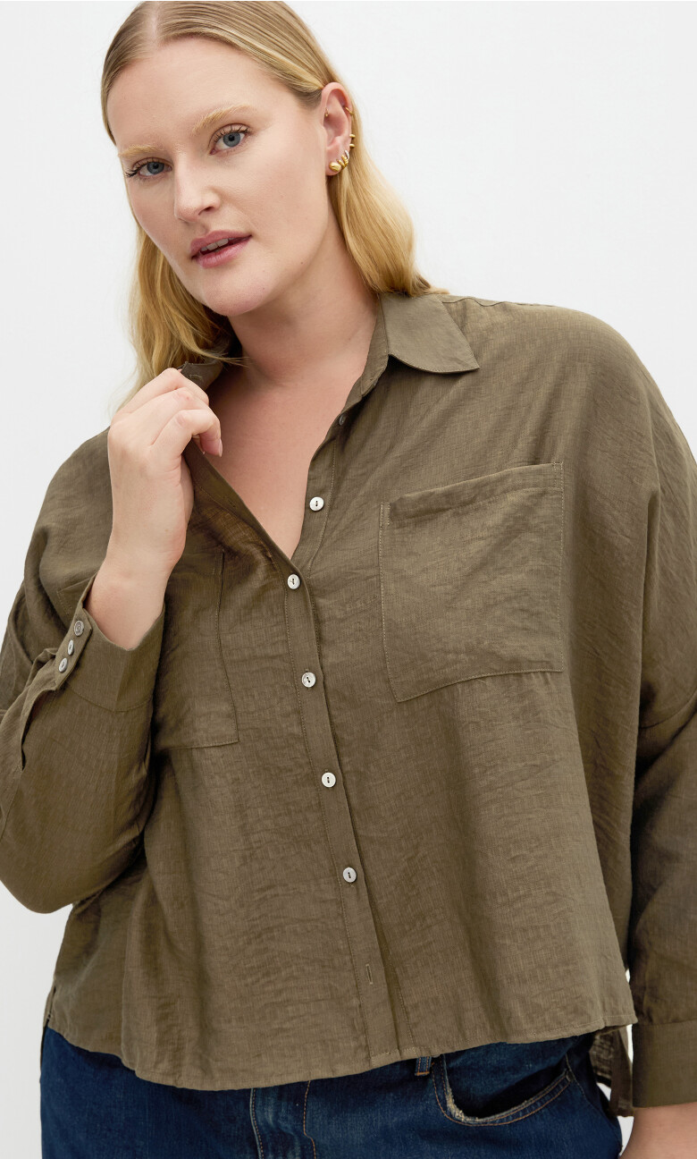 Crop Long Sleeve Shirt - khaki