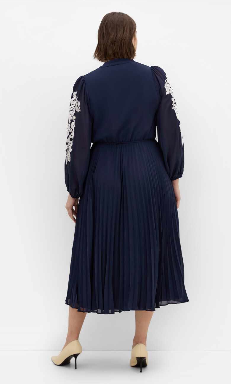 Adorn Sleeve Pleat Midi Dress - navy