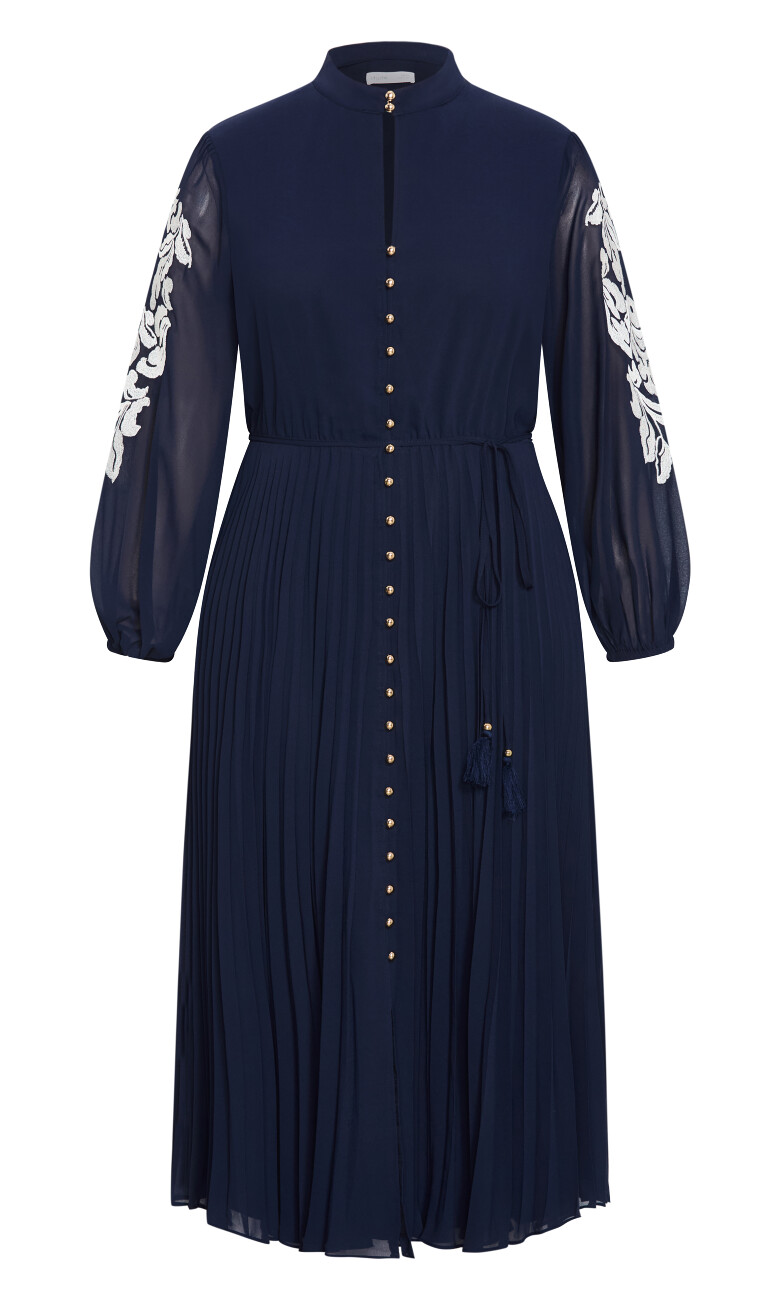 Adorn Sleeve Pleat Midi Dress - navy