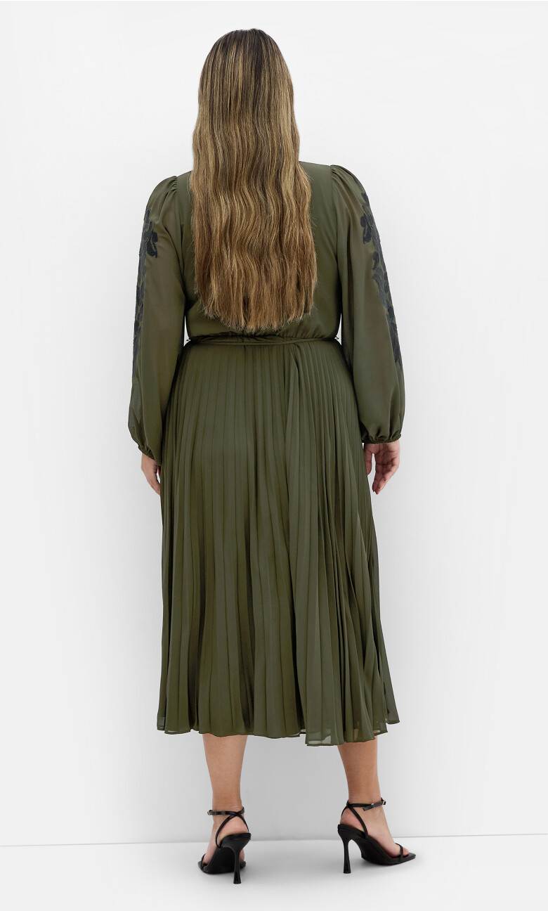 Adorn Sleeve Pleat Midi Dress - olive