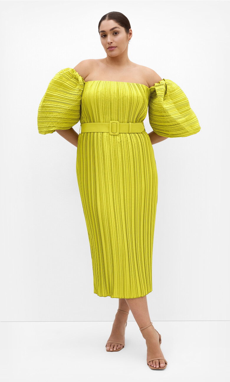 Plus Size Krista Pleat Midi Dress - chartreuse