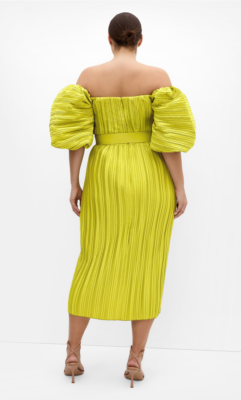 Krista Pleat Midi Dress - chartreuse