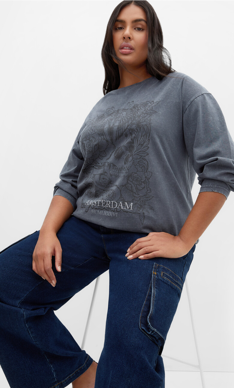 Plus Size Casey Long Sleeve Cotton Tee - Charcoal Wash