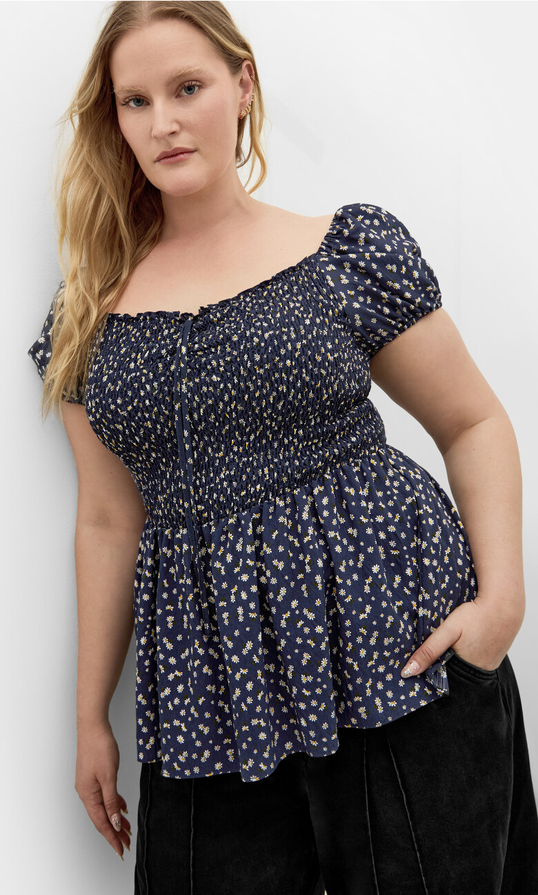 Azure Shirred Print Top - navy