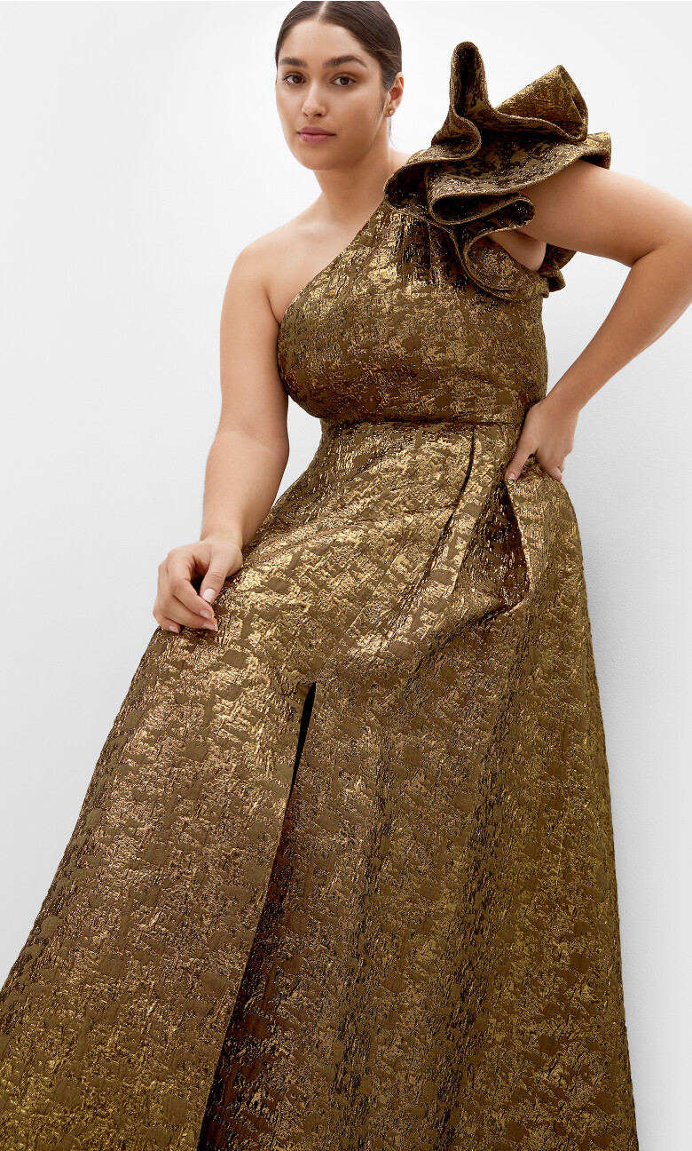 Plus Size Gilded Beauty One Shoulder Maxi Dress - gold