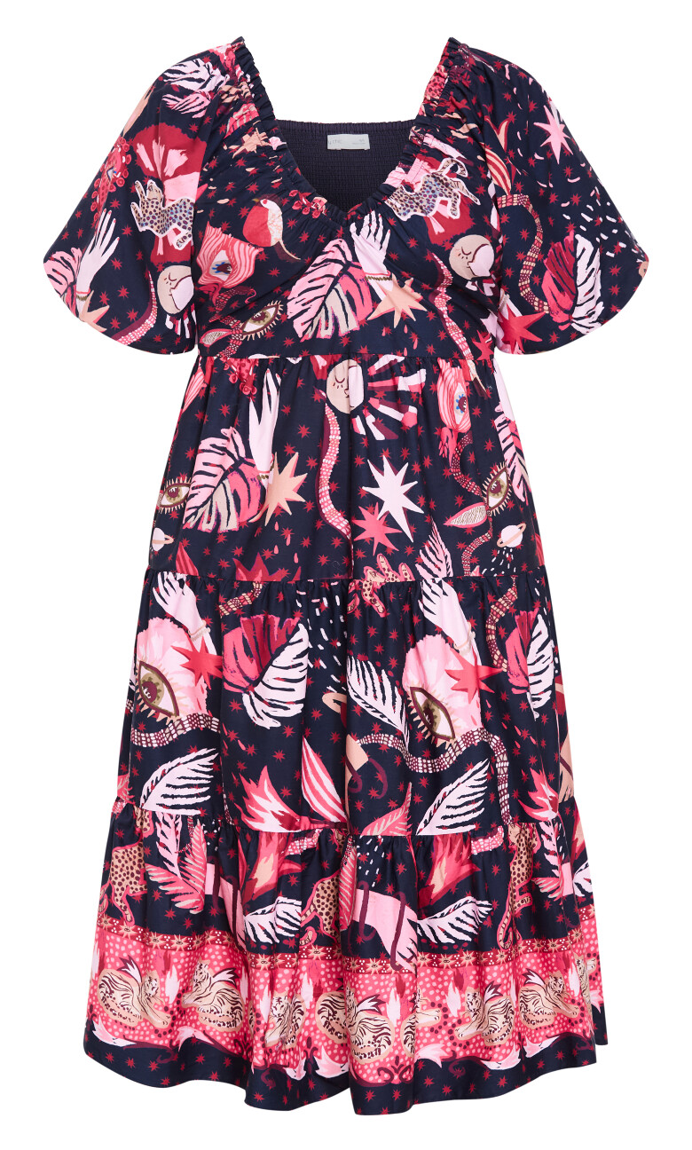 Simona Print Puff Sleeve Dress - navy