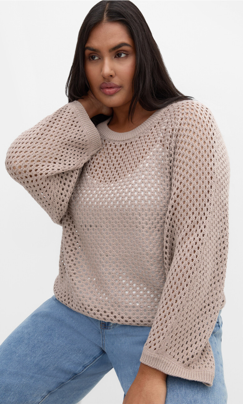 Plus Size Top Crochet Knit L/S - Stone