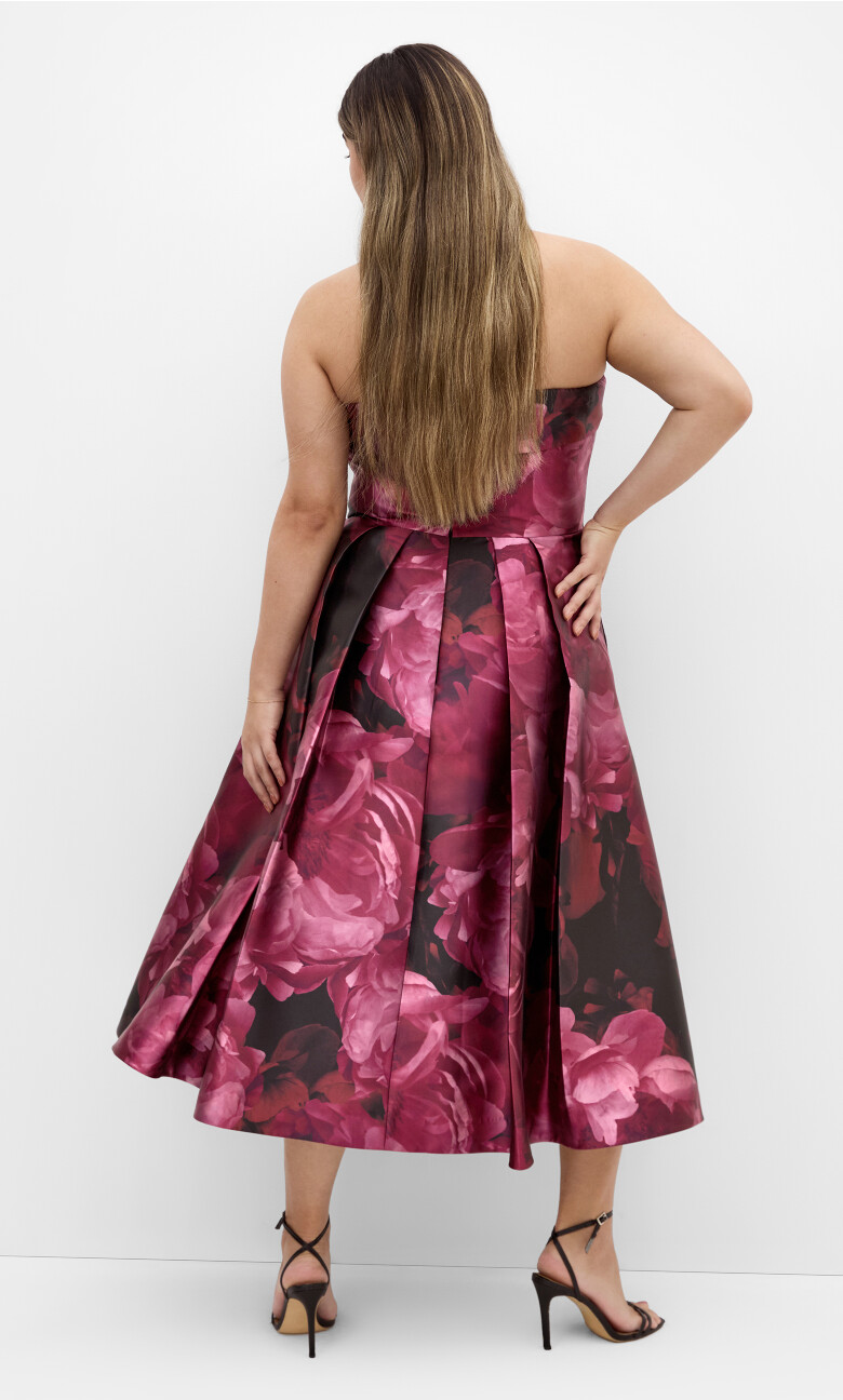 Tiffany Bloom Strapless Midi Dress - burgundy print