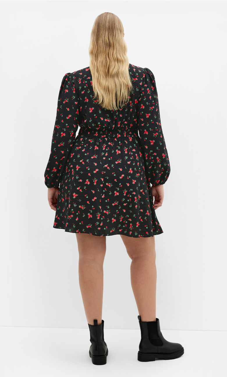 Jolene Long Sleeve Rose Print Dress - black