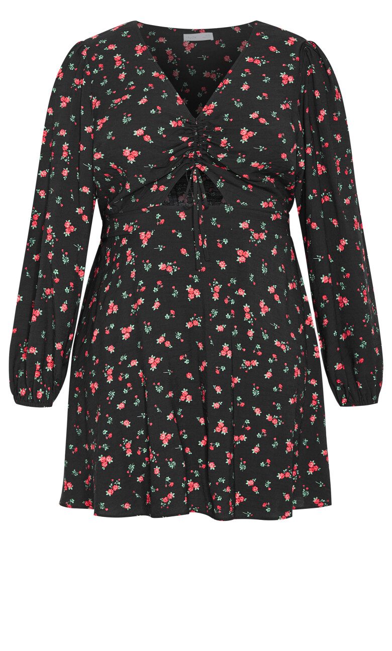 Jolene Long Sleeve Rose Print Dress - black