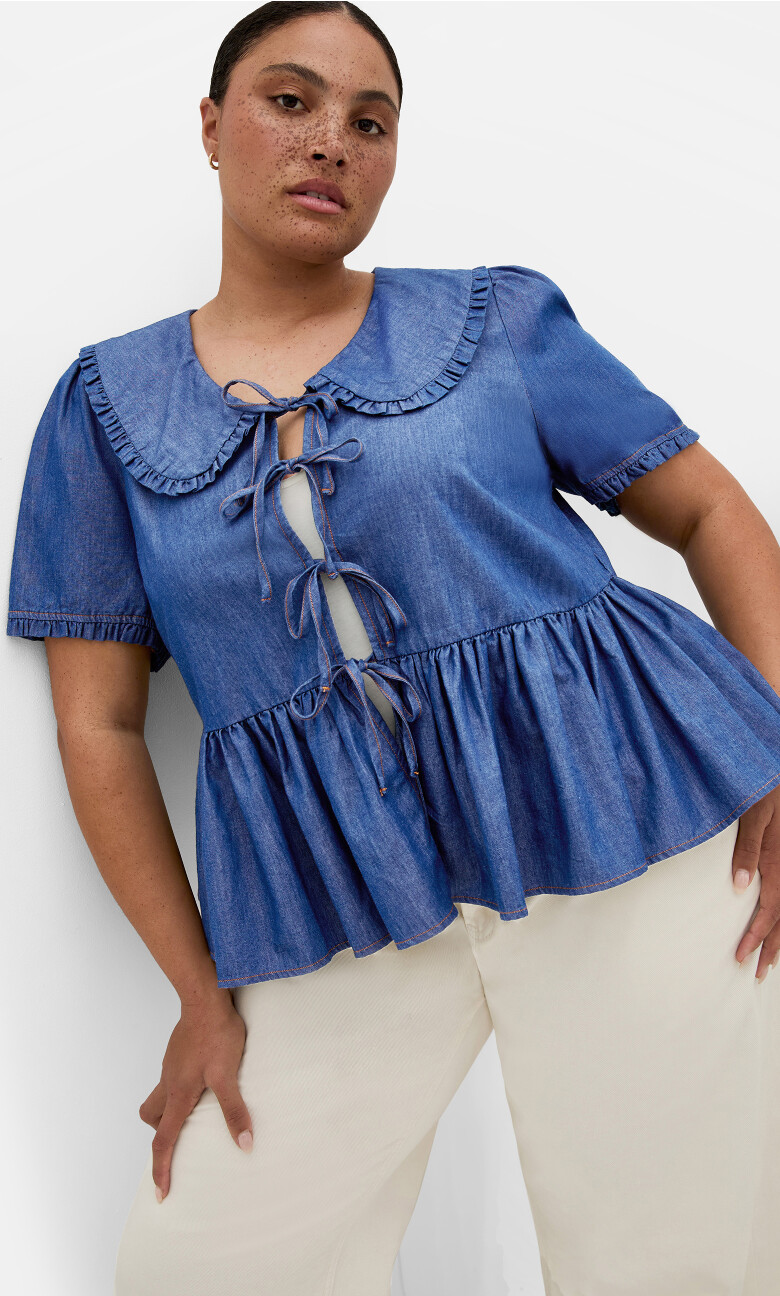 Plus Size Denim Prairie Top - dark chambray