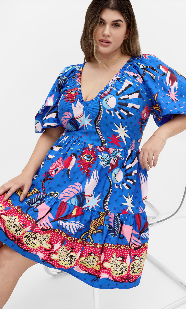 Plus Size Simona Print Puff Sleeve Mini Dress - blue