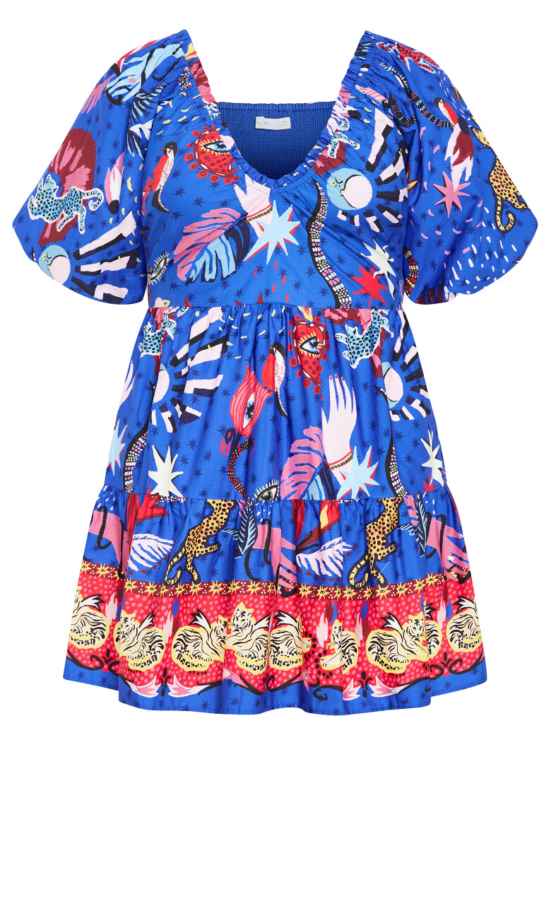 Simona Print Puff Sleeve Mini Dress - blue