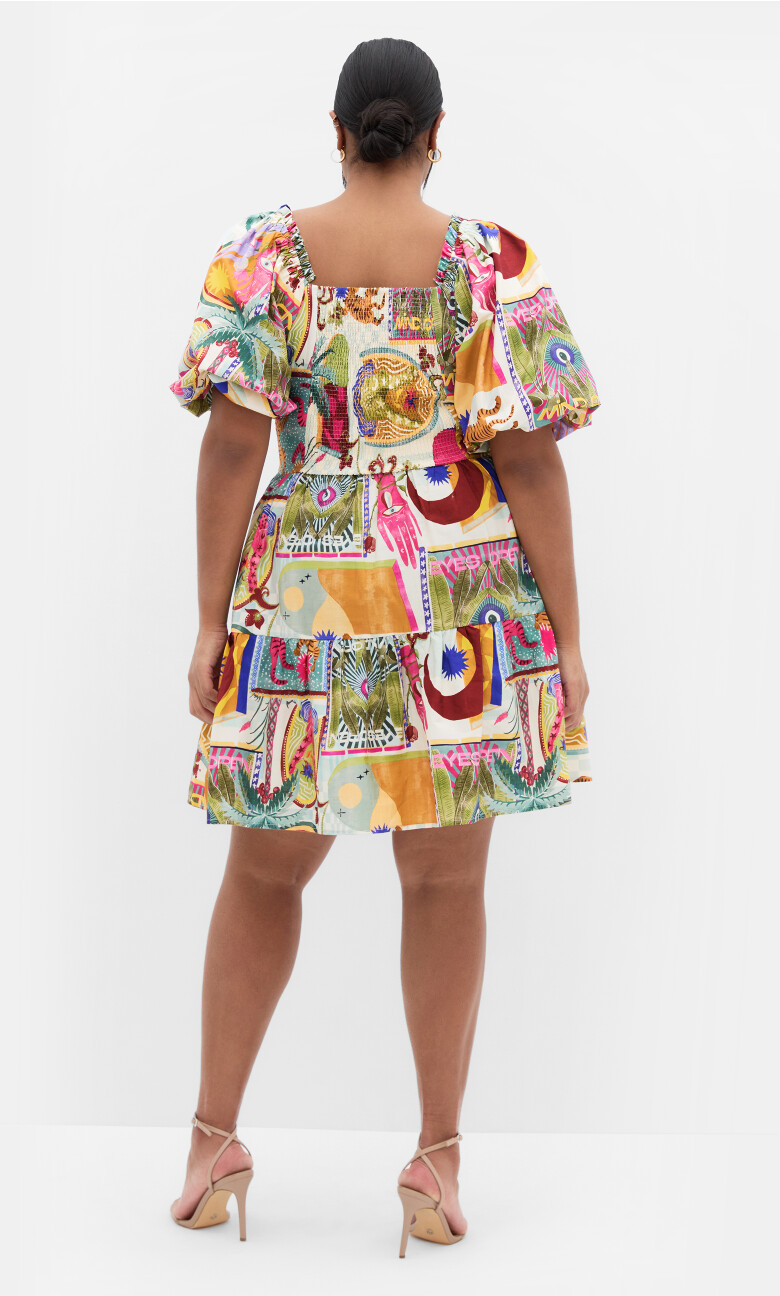 Simona Print Puff Sleeve Mini Dress - neutral