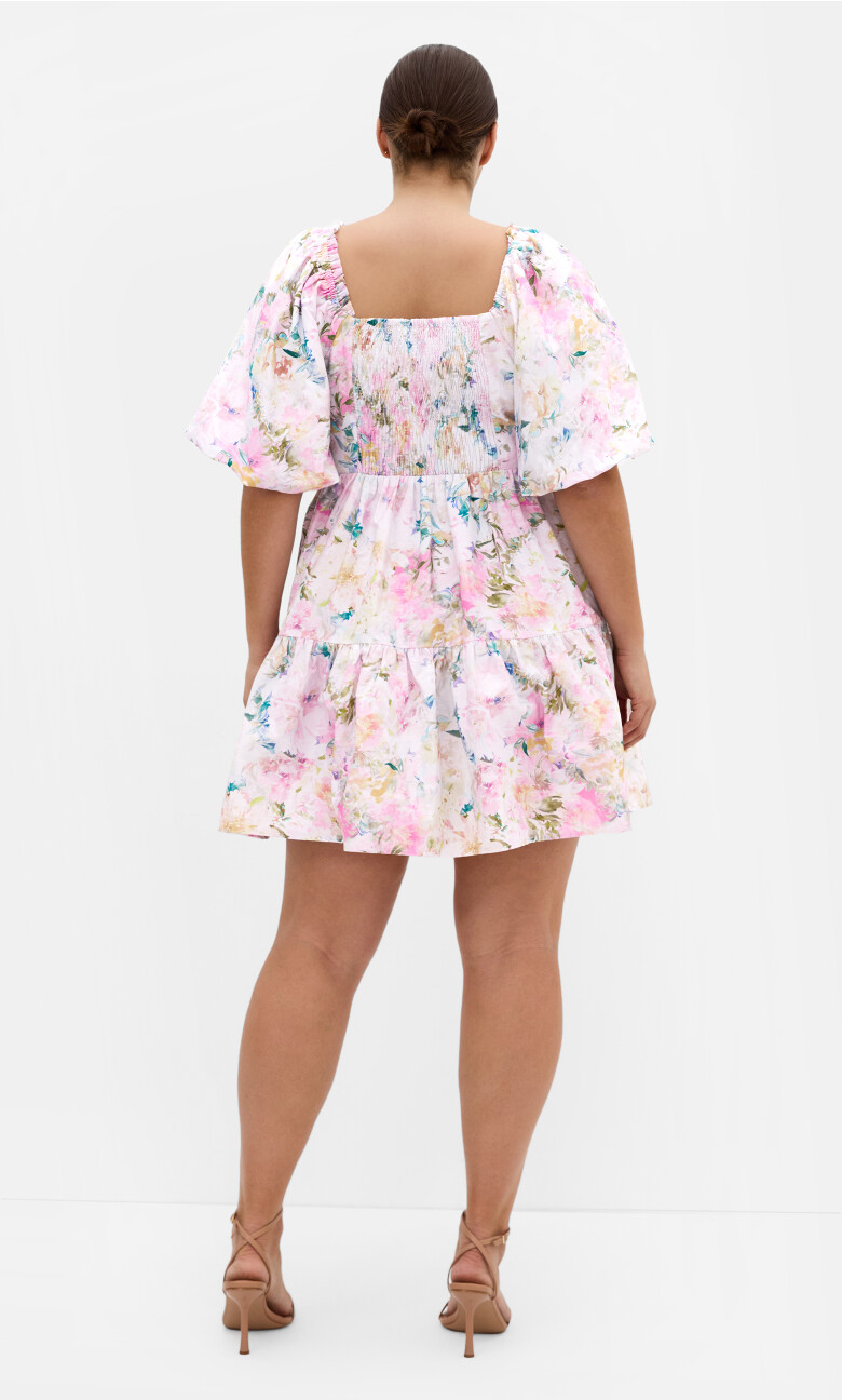 Fantasy Print Puff Sleeve Mini Dress - soft pink